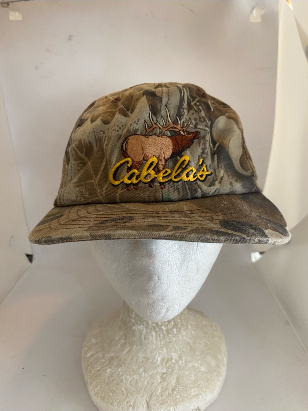 Vintage Cabela's Camouflage Baseball Cap with Elk Logo - Tan/Green 90s